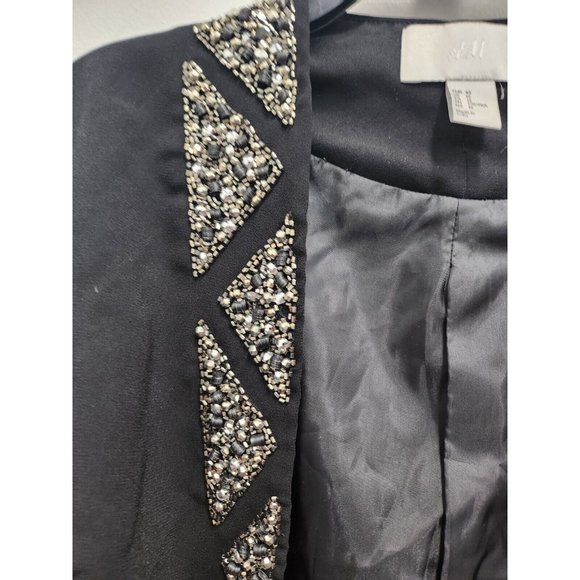 H&M Womens Black Beaded Cropped Blazer Jacket Size 12 Open Front Long Sleeve - Picture 3 of 9